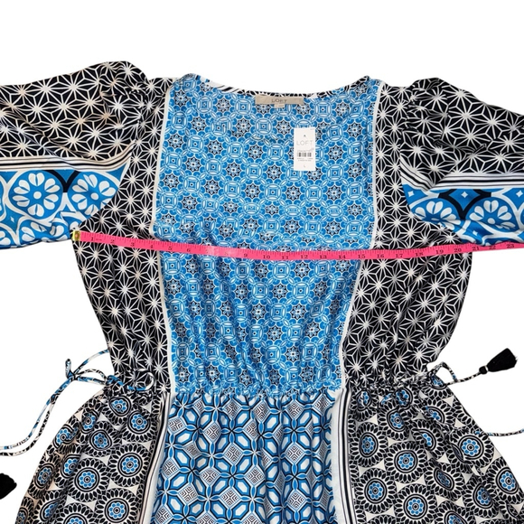 LOFT Tassel Boho Dress Size L Blue Geometric mosaic Tie - Picture 8 of 9